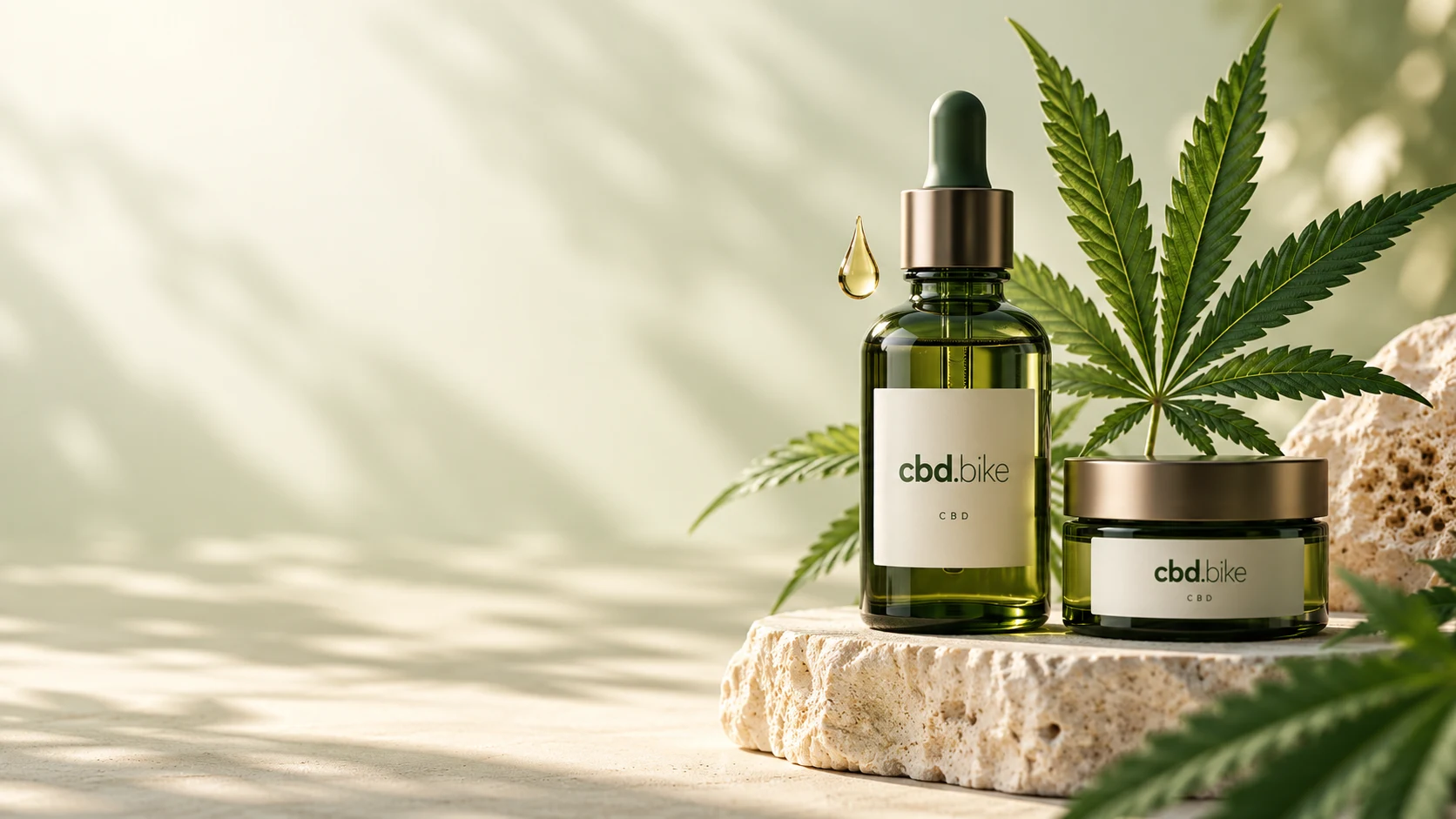 Conceptual CBD.Bike botanical composition with green glass, golden oil, and serrated hemp leaves