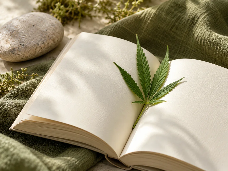 An open book with a botanical bookmark.