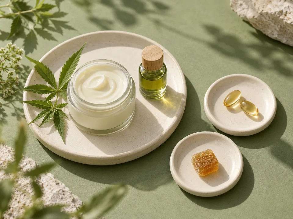 Различни концептуални CBD продуктови форми върху керамични подноси.