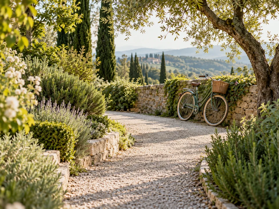 A garden path and bicycle for the beginner route.